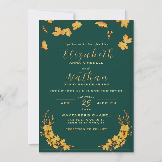 Invitation Élégant Emerald Green & Gold Floral Mariage (Devant)