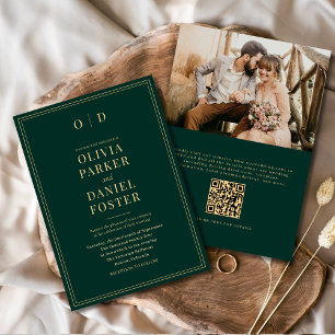 Invitation Élégant Emerald Green Gold Photo QR Code Mariage