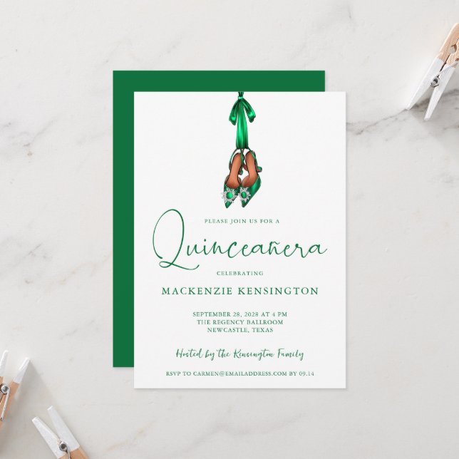 Invitation Élégant Emerald Green Lux High Heels Quinceañera (Devant/Arrière en situation)