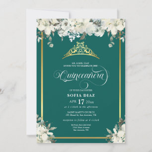 Invitation Élégant Emerald Green Photo QR Code Quinceañera