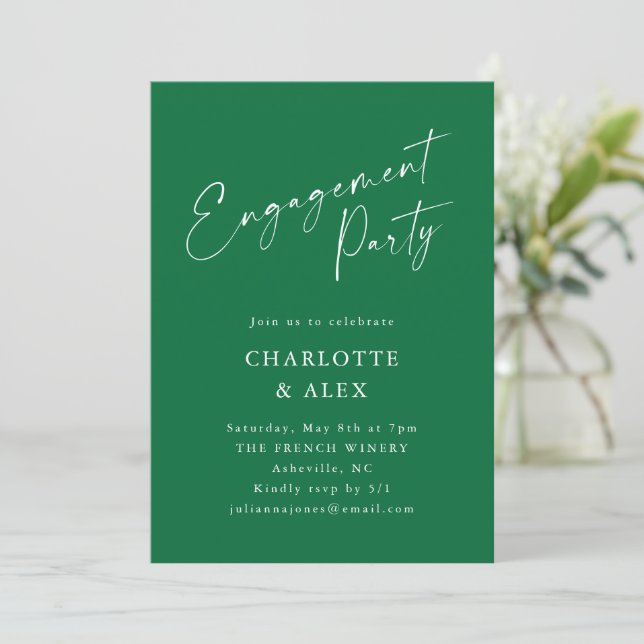 Invitation Élégant Emerald Green Script Party (Debout devant)