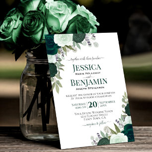 Invitation Élégant Emerald & Sage Green Roses Boho Mariage