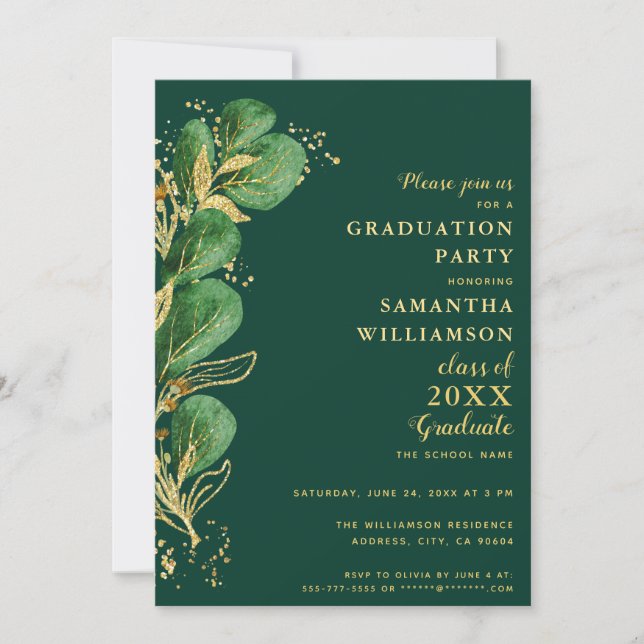 Invitation Élégant Émeraude Vert Eucalyptus 2025 Graduation (Devant)