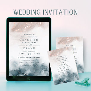 Invitation Élégant Encre d'alcool Or Blush Bleu moderne Maria