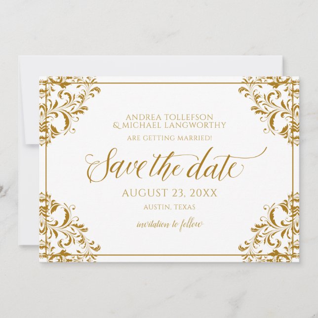 Invitation Élégant Enregistrer la date Mariage Vintage Gold (Devant)