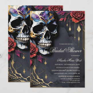 Invitation Elegant Enterrement Gothique Crâne & Roses Rouges 