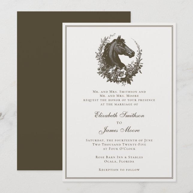 Invitation Elegant Equestrian Horse Wreath Equine Wedding (Devant / Derrière)
