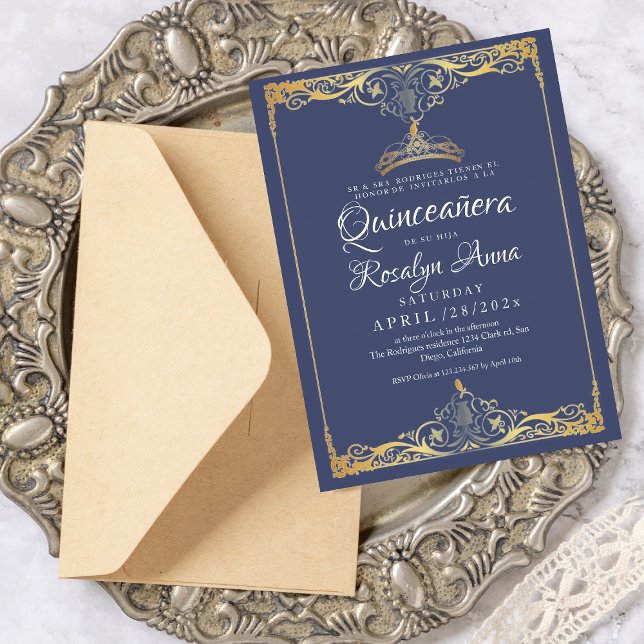 Invitation Elégant espagnol Mis Quince Marine Blue Gold Photo (Créateur téléchargé)