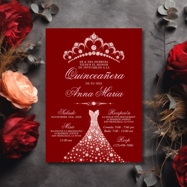 Invitation Elégant espagnol Quinceañera Mis Quince 15 | Rouge (Elegant Spanish Quinceañera Mis Quince 15  Red Invitation)