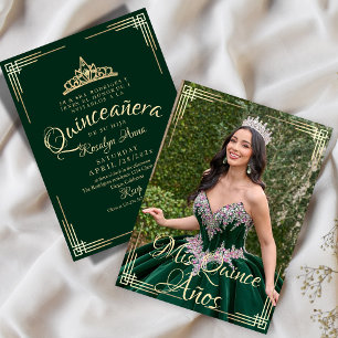 Invitation Elégant espagnol Quinceañera Mis Quince Vert Or