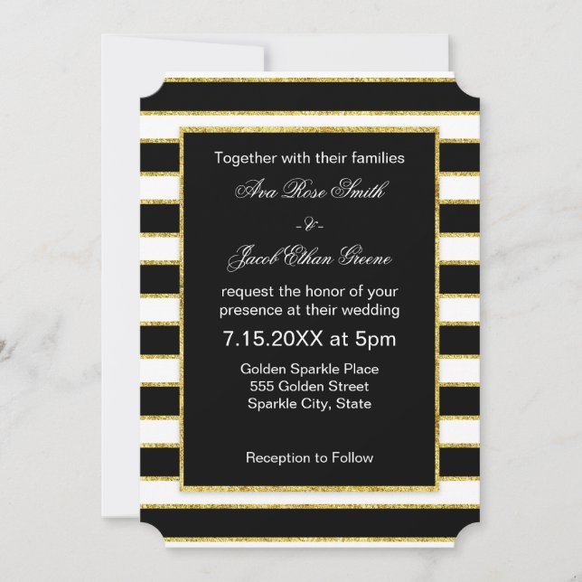 Invitation Elégant et moderne noir, blanc, Faux Gold Stripes (Devant)