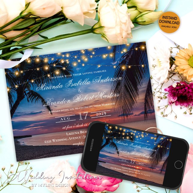 Invitation Elégant été coucher de soleil Palm Beach Mariage (Créateur téléchargé)