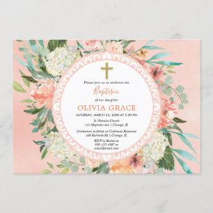 Invitation Élégant été pêche floral Baptême fille