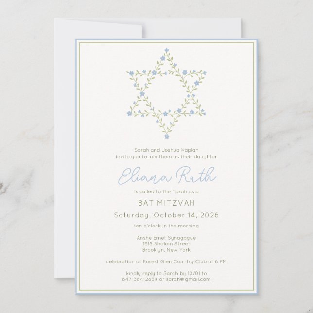 Invitation Elégant Etoile Florale Juive de David Bat mitzvah (Devant)