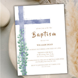 Invitation Elégant Eucalyptus Aquarelle Croix Baptême garçon