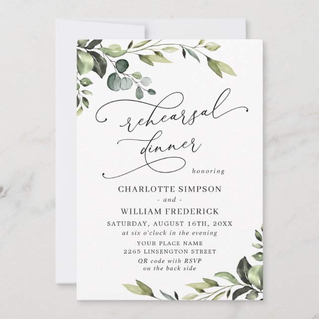 Invitation Elégant Eucalyptus Aquarelle RÉPÉTITION DÎNER (Devant)