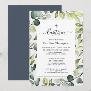 Invitation Élégant Eucalyptus Avec Baptême Verdoyant