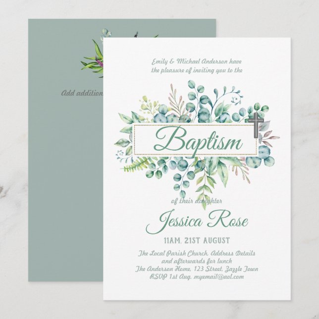 Invitation Elégant Eucalyptus Baptême Baptême Vert Christenin (Devant / Derrière)