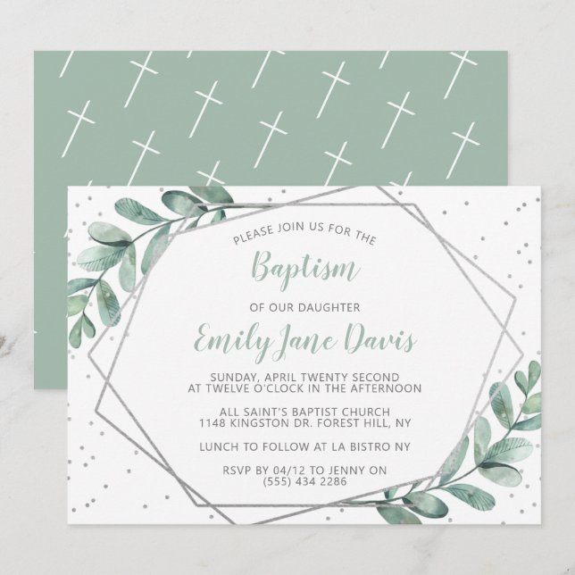 Invitation Élégant Eucalyptus Baptême Ou Baptême (Devant / Derrière)