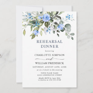 Invitation Elégant Eucalyptus Bleu Roses RÉPÉTITION DÎNER