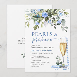 Invitation Elégant Eucalyptus Blue Flowers PEARLS & Prosecco