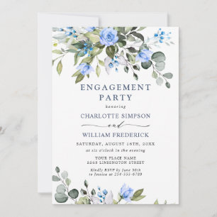 Invitation Élégant Eucalyptus Blue Roses ENGAGEMENT PARTY