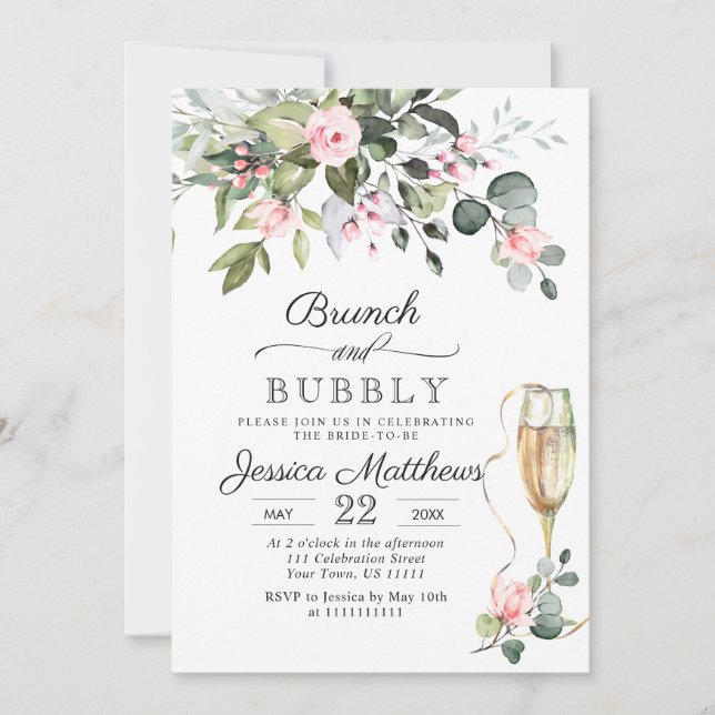 Invitation Elégant Eucalyptus Blush Rose Brunch & Bubbly (Devant)