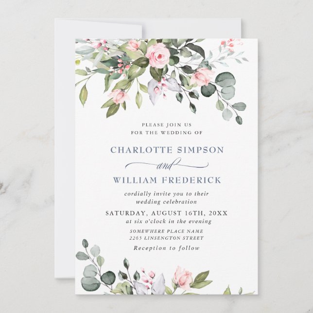Invitation Elégant Eucalyptus Blush Rose Mariage de verdure (Devant)