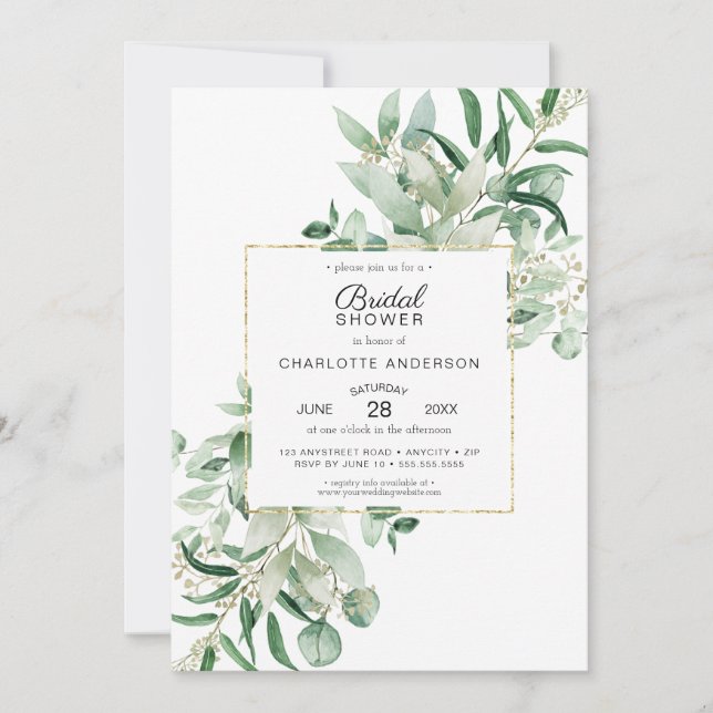 Invitation Elégant Eucalyptus + cadre or douche nuptiale Invi (Devant)
