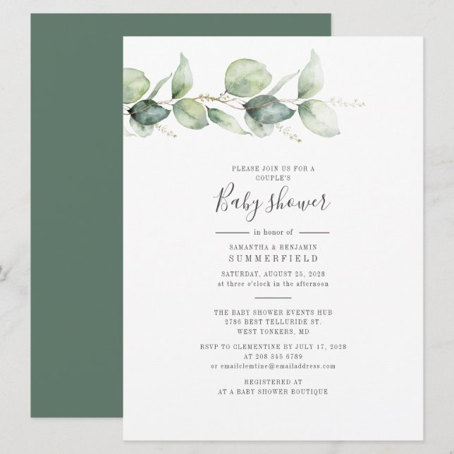 Invitation Elégant Eucalyptus Couples Baby shower Verdure (Devant / Derrière)