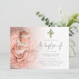 Invitation Elégant Eucalyptus Cross Photo Baptême