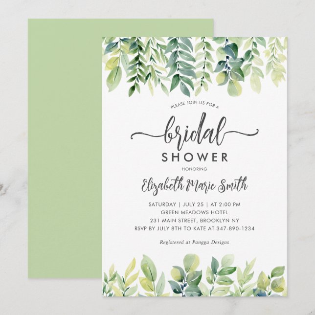 Invitation Elégant Eucalyptus Fête des mariées verte moderne (Devant / Derrière)