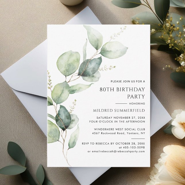 Invitation Elégant Eucalyptus fête du 80e anniversaire (80th Birthday Party Sage Green Eucalyptus Block Stem Invitation)