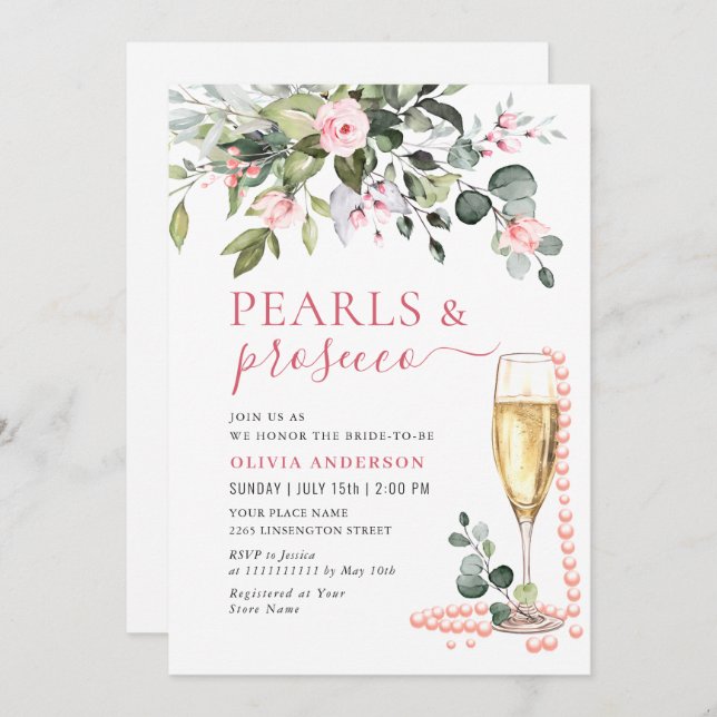 Invitation Elégant Eucalyptus Fleurs roses PEARLS & Prosecco (Devant / Derrière)