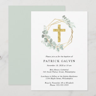 Invitation Elégant Eucalyptus Gold Cross Watercolor Baptism