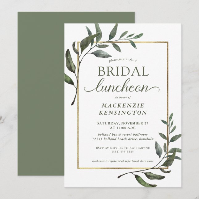 Invitation Élégant Eucalyptus Gold Foil Bridal Luncheon (Devant / Derrière)