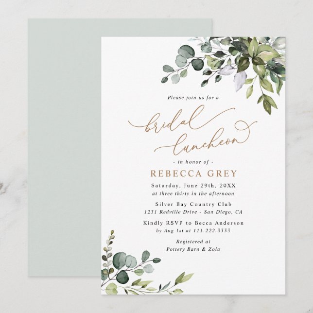 Invitation Élégant Eucalyptus Gold Green Bridal Luncheon (Devant / Derrière)