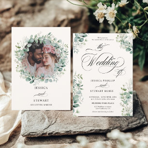 Invitation Elégant Eucalyptus Green Script photo Mariage