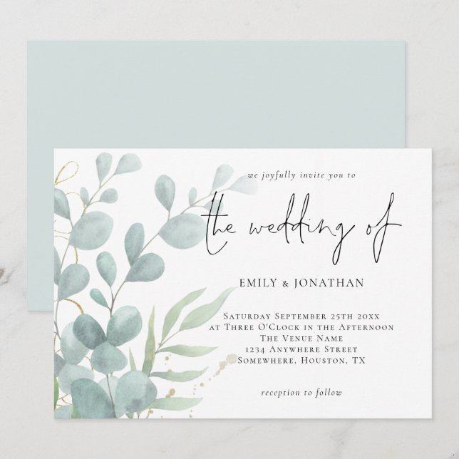 Invitation Élégant Eucalyptus Mariage bleu Poudre Invi (Devant / Derrière)