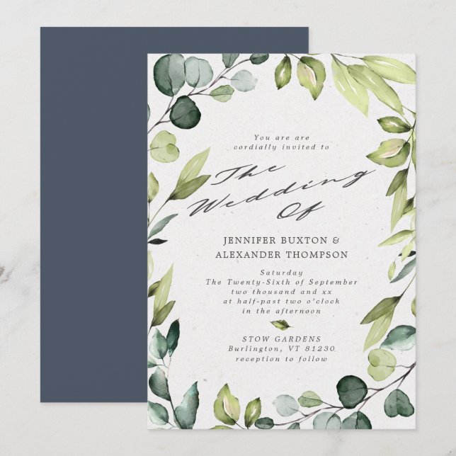 Invitation Élégant Eucalyptus Mariage de calligraphie verte (Devant / Derrière)