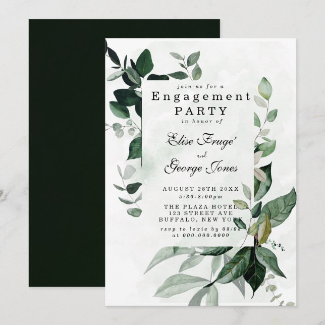 Invitation Elégant Eucalyptus Parti d'engagement (Devant / Derrière)