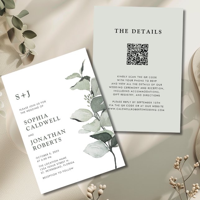 Invitation Elégant Eucalyptus QR Code Sage Mariage (Elegant Eucalyptus QR Code Sage Wedding Invitation)