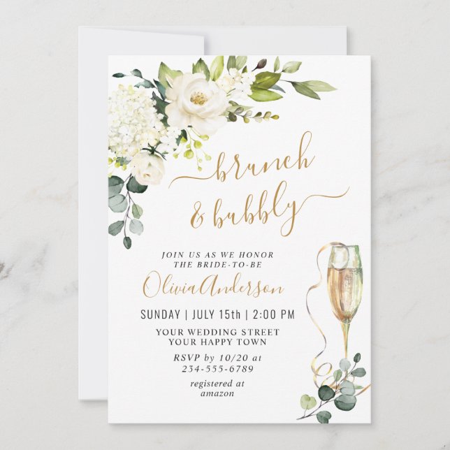Invitation Elégant Eucalyptus Roses Blanches Brunch & Bubbly (Devant)