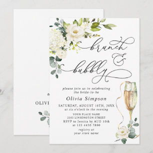 Invitation Élégant Eucalyptus Roses Blanches Brunch & Bulles