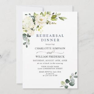 Invitation Elégant Eucalyptus Roses Blanches RÉPÉTITION DÎNER