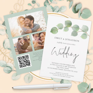 Invitation Elégant Eucalyptus Script 3 photo QR Code Mariage
