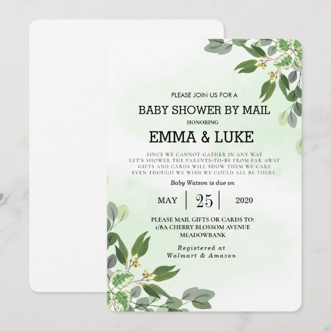 Invitation Elégant Eucalyptus Verdure Baby shower Succulent (Devant / Derrière)
