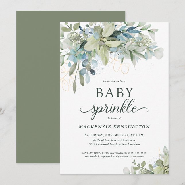 Invitation Elégant Eucalyptus Verdure Bébé Parsemer (Devant / Derrière)