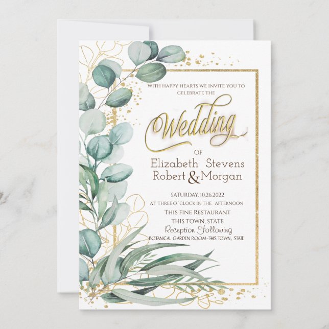 Invitation Elégant Eucalyptus Verdure Gold Frame Mariage (Devant)
