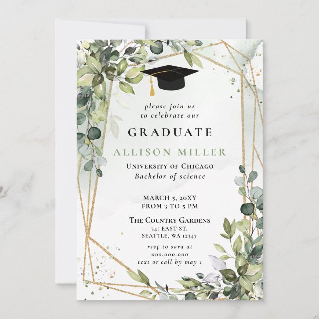 Invitation Elégant Eucalyptus Verdure Gold Graduation (Devant)